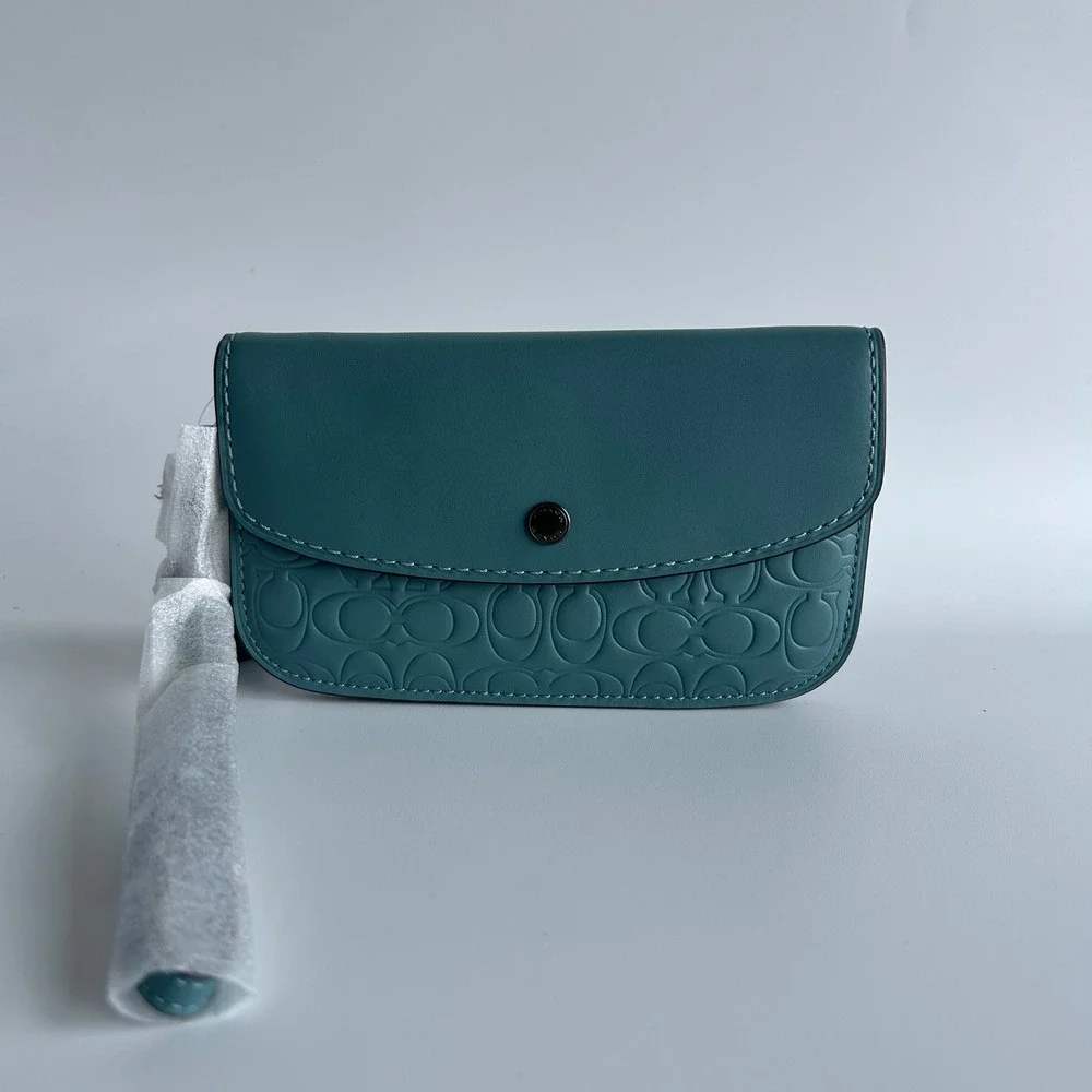 Coach Signature Leather Clutch Dark Turquoise Blue Wristlet NEW